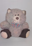 Dakin Fun Farm Vintage Gray & Brown Cat Plush 11" sitting from 1985 wearing Fish Bow Tie - sandeesmemoriesandcollectibles.com