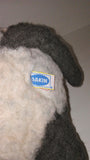 Dakin Fun Farm Vintage Gray & Brown Cat Plush 11" sitting from 1985 wearing Fish Bow Tie - sandeesmemoriesandcollectibles.com
