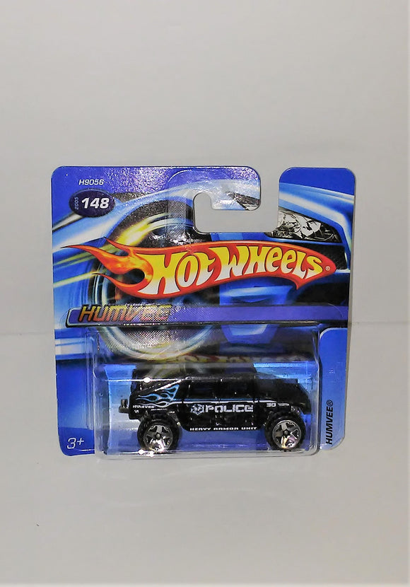 Hot Wheels HUMVEE Heavy Armor Unit Black Police Vehicle Diecast #148 from 2005 on Short Card - sandeesmemoriesandcollectibles.com