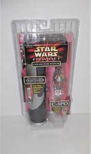Star Wars Episode 1 C-3PO COLLECTOR WATCH with Qui-Gon Jinn LIGHTSABER Display Case from 1999 - sandeesmemoriesandcollectibles.com